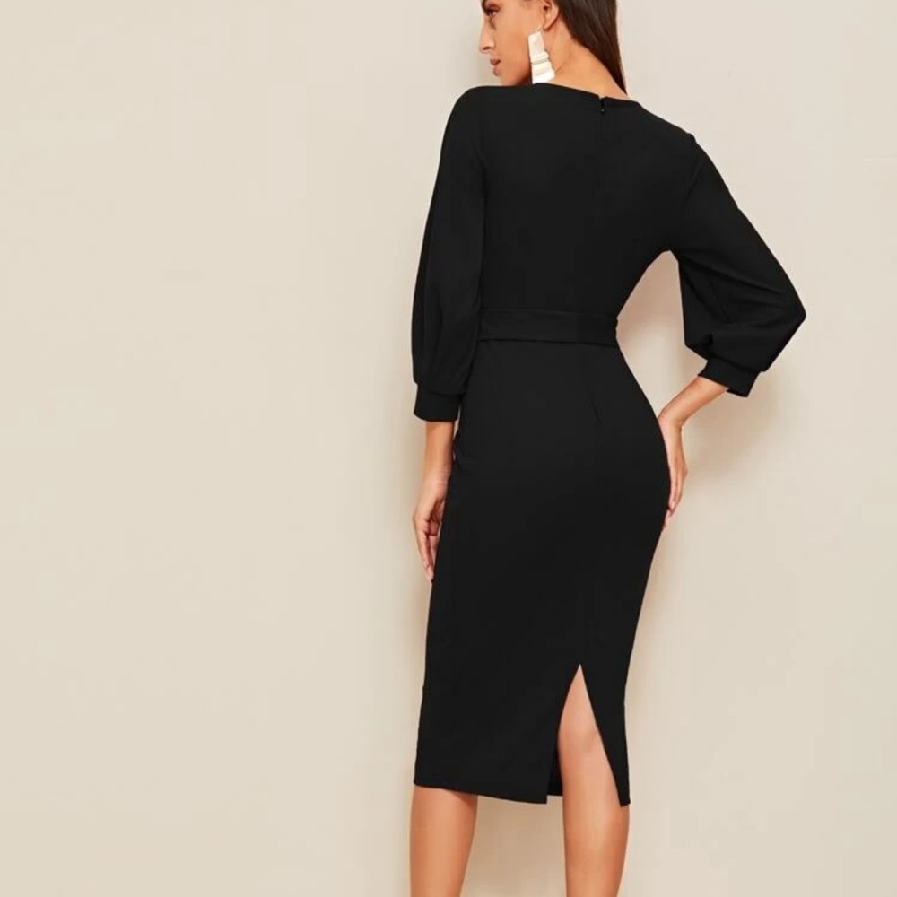 Long sleeve belted pencil fitted dress black - Picture 2 of 4